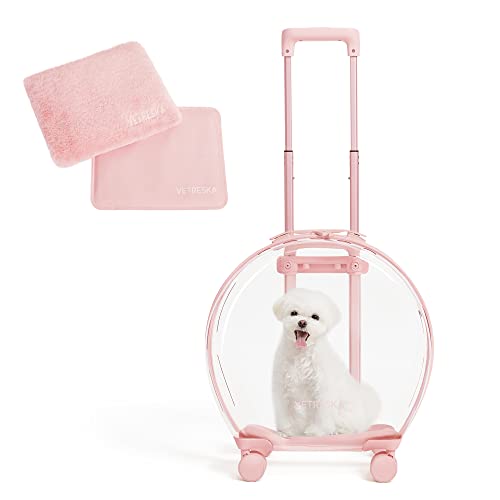 VETRESKA Pet Carrier with 2 Mats, Pink Pet Transport Luggage with Wheels and Telescopic Handle, Pet Travel Carrier for Small & Medium Dogs/Cats