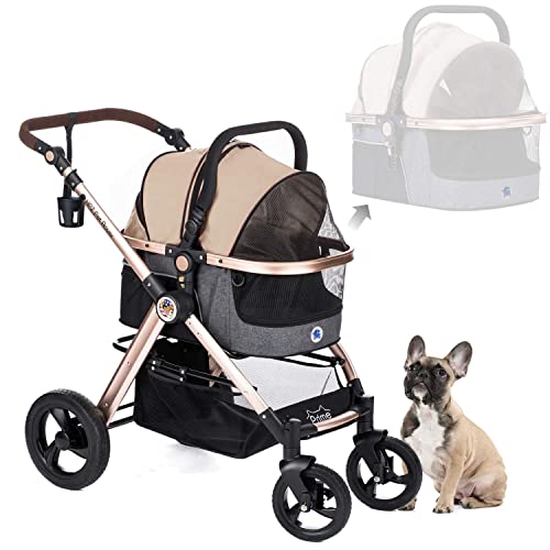 HPZ Pet Rover Prime 3-in-1 Luxury Dog/Cat/Pet Stroller (Travel Carrier +Car Seat +Stroller) with Detach Carrier/Pump-Free Rubber Tires/Aluminum Frame/Reversible Handle for Medium & Small Pets (Taupe)