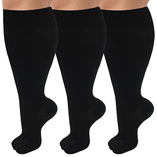 3 Pack Wide Calf Compression Socks for Women & Men, 20-30 mmhg Plus Size Knee High Stockings for Circulation Support, Black XL