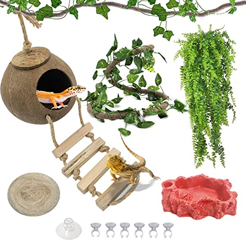Hamiledyi Crested Gecko Coco Hut Natural Reptile Coconut Hideouts Lizard Water Food Bowls Climbing Porch Hiding Sleeping Breeding Pad Jungle Vine Flexible Reptile Leaves for Bearded Dragon 6PCS