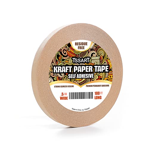 TSSART Self Adhesive Kraft Paper Tape - Brown Packing Tape Frame Backing Tape with Oxidation Resistance for Picture Framing, Masking, Sealing and Packaging Use - 1/2inch Wide 180FT Long