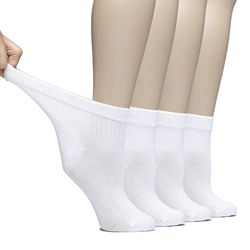 Hugh Ugoli Women Diabetic Ankle Socks, Super Soft & Thin Bamboo Socks, Wide & Loose, Non-Binding Top & Seamless Toe, 4 Pairs, White, Shoe Size: 10-12
