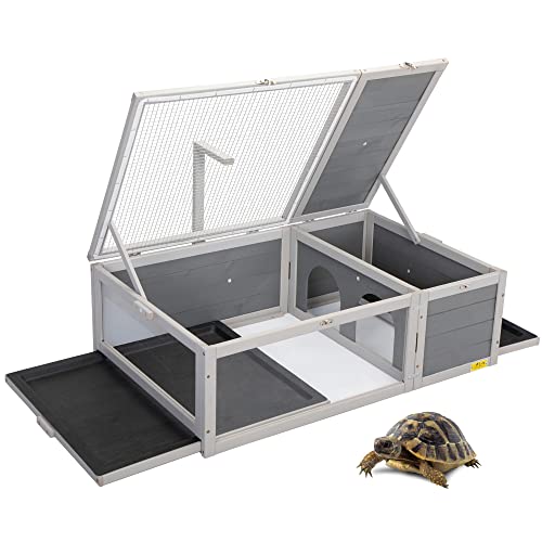COZIWOW Upgraded Tortoise Habitat, Wood Box Turtle Enclosure with Light Support, Trays, Reptile Cage House for Outdoors, Indoor Tortoise Play, Gray