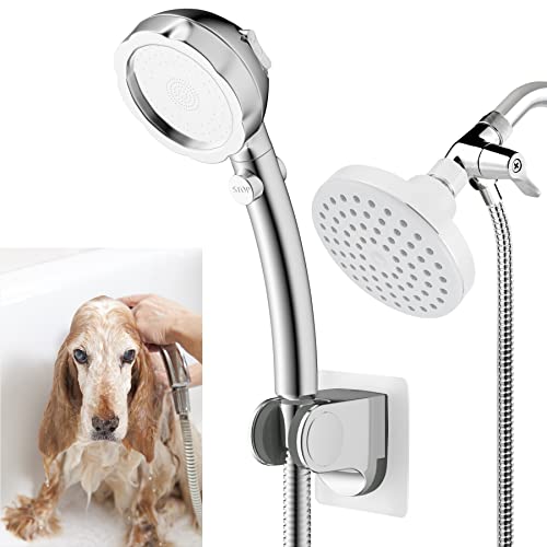 Dog Shower Sprayer Dog Pet Shower Attachment for Fast Clean Dog Bathing with 119 Inch Shower Hose Brass Shower Arm Diverter Valve, Bathroom Pet Shower Hose Sprayer Handheld Shower Head Kit (Chrome)