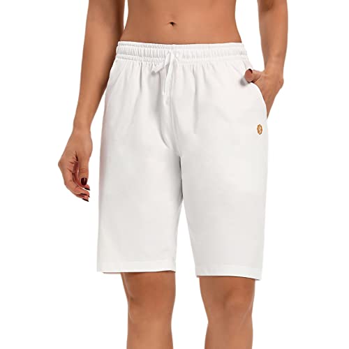 LUCKYCATCUS Women's Bermuda Shorts Jersey Shorts with Pockets Yoga Walking Athletic Long Shorts for Women Knee Length (White, XL)