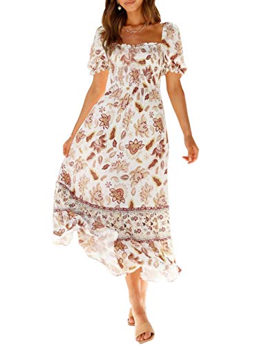 ZESICA Women's 2023 Summer Boho Floral Print Square Neck Ruffle Swing Beach Long Maxi Dress,Ivory,Medium