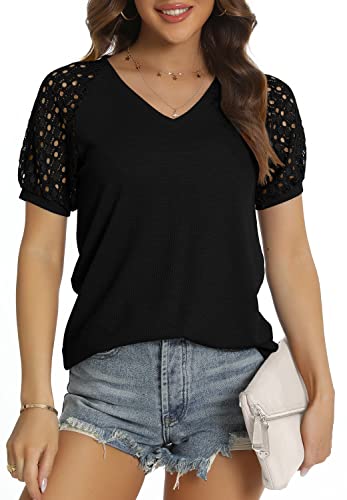 HAOMEILI Womens Short Sleeve V Neck Tops Lace Shirt Casual Loose T Shirtss XL Black
