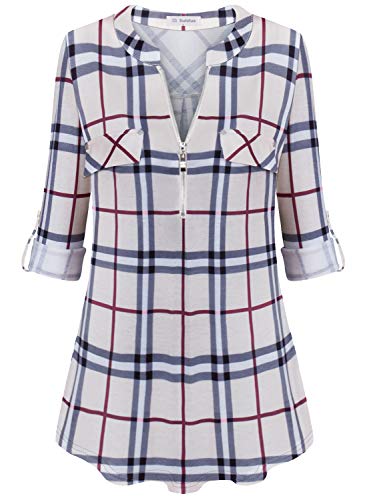 Bulotus Tunic Tops for Women 3/4 Sleeve Plaid Blouses for Work, Khaki Plaid, Large