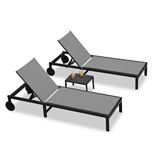 PURPLE LEAF Outdoor Chaise Lounge Chairs Set Recliner Aluminum Adjustable Chair with Wheels and Table for Poolside Beach Patio Reclining Sunbathing Lounger, Grey