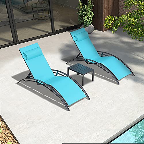 PURPLE LEAF Patio Chaise Lounge Set Outdoor Lounge Chair Beach Pool Sunbathing Lawn Lounger Recliner Chair Outside Tanning Chairs with Arm for All Weather Side Table Included Turquoise Blue