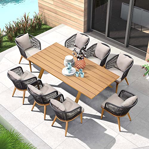 PURPLE LEAF 9 Pieces Patio Dining Set Wicker Outdoor Furniture Rectangular Table and Chairs Set for Garden Deck Teak-Finish Aluminum Frame Backyard Kitchen Set, Cushions and Pillows Included