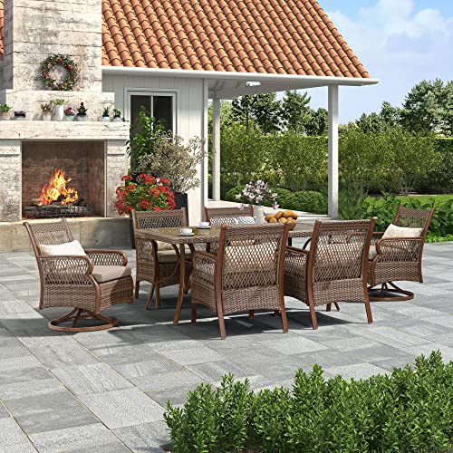 PURPLE LEAF 7 Pieces Outdoor Dining Set for Outside Garden Porch Patio Dining Furniture Set with 2 Patio Swivel Chairs&4 Fixed Cushioned Dining Chairs and 1 Rectangular Dining Table