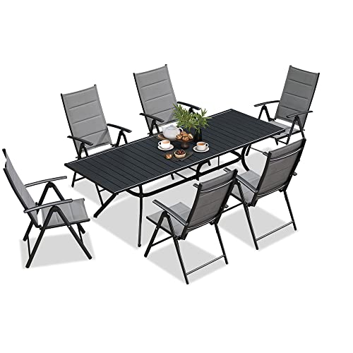PURPLE LEAF 7 Pieces Patio Dining Set Outdoor Furniture Dinning Set for 6 with Patio Folding Chairs and Large Rectangle Dining Table Aluminum Patio Garden Set for Backyard Deck, Grey