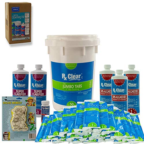 Rx Clear Pool Opening Chemical Maintenance Kit Plus for Above Ground or Inground Pools | for Pools Up to 30,000 Gallons | Includes Chlorine Tabs, Super Shock, 50% Algaecide, Clarifier and Test Strips