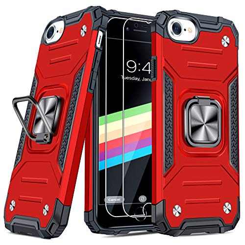 JAME Case for iPhone SE 2022/2020/8/7 Case with Screen Protectors 2Pcs, Military-Grade Drop Protection, Shockproof Protective Phone Cases, with Car Mount Ring Kickstand Case for iPhone SE 2020/8/7 Red