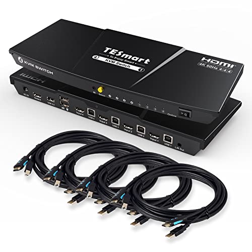 TESmart HDMI KVM Switch 4 Port 4K@60Hz, KVM Switch 1 Monitor 4 Computers EDID Emulators, USB 2.0, L/R Audio, Hotkey Switch, Button Switch with Remote Controller and All Cables