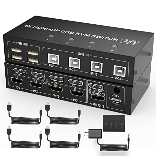 4 Port HDMI + DisplayPort KVM Switch Dual Monitor, UHD 4K@60Hz, KVM Switch 2 Monitors 4 Computers with 4 USB 2.0 Hub, Keyboard Video Mouse Peripherals Switcher for 4 PCs Dual Monitors