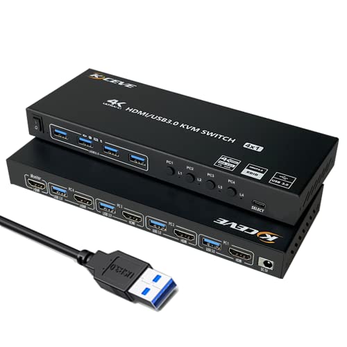 USB 3.0 HDMI KVM Switch, 4 Ports KVM Switcher Selector Box with EDID Emulator Function, Support 4K@60Hz Resolution for 4 Computers Share Mouse Keyboard and Monitor