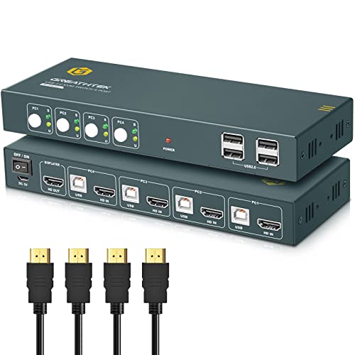 KVM Switch HDMI 4K@60Hz for 4 Computers Share 1 Monitor, KVM Switch 4 Port with 4 USB 2.0 Ports Share Keyboard Mouse, Button Switch, Plug and Play, with 4 HDMI and 4 USB Cables