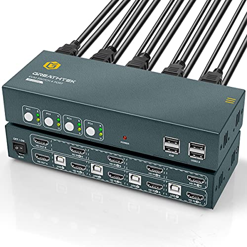 KVM Switch HDMI Dual Monitor Extended Display 4 Port, 2 USB 2.0 Hub, UHD 4K@60Hz YUV4:4:4 Downward Compatible, Hotkey Switch, with All Needed Cables, No Adapter Required