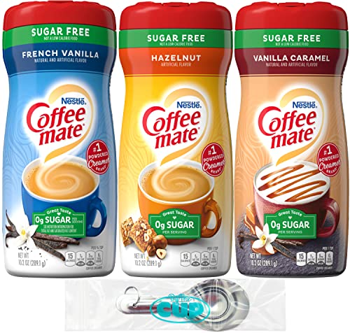 Coffee mate Sugar-Free Powder Coffee Creamer Variety, French Vanilla, Vanilla Caramel and Hazelnut with By The Cup Stainless Steel Measuring Spoons