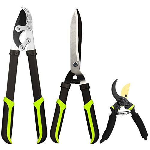 Loppers Hedge Clippers & Shears 3PCS Garden Shears Set, Branch Cutter with Compound Action, Chops Thick Branch Ease, Tree Trimmer Gardening Toos, Tree Shrub & Bush Care Kit (19 Inch)