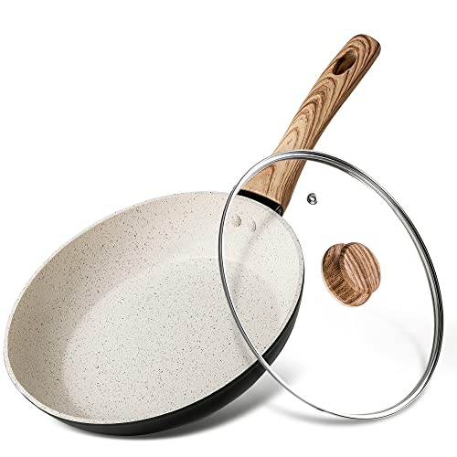 MICHELANGELO Small Frying Pan with Lid, Nonstick 8 inch Frying Pan with Bakelite Handle, Stone-Derived Nonstick 8 Inch Frying Pan White, White Stone Nonstick Frying Pan with Lid - 8 Inch