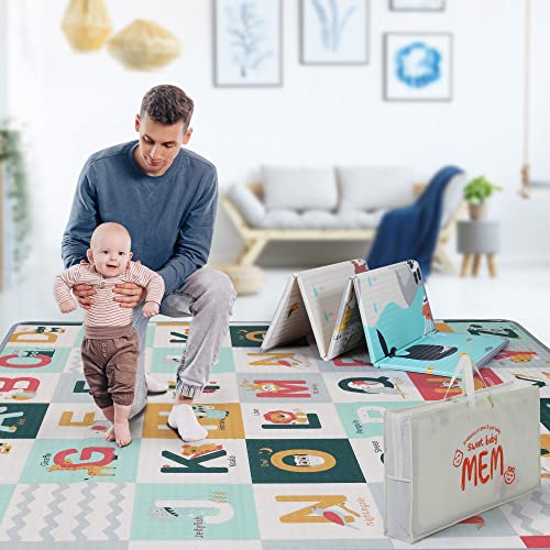 MEM Baby Play Mat 71" x 59", Foldable Baby Play Mats for Floor, Reversible Waterproof Foam Playmat for Babies and Toddlers, Large Non-Slip Baby Crawling Mat with Travel Bag