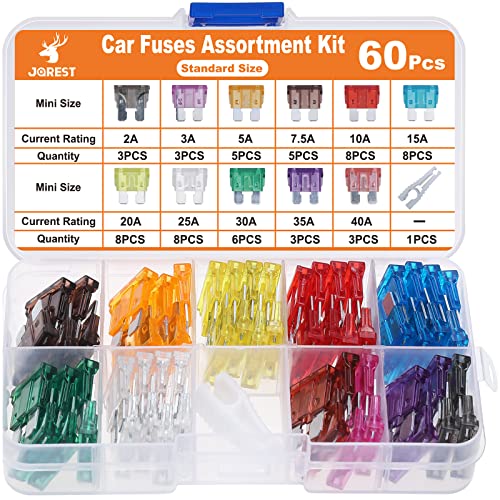 JOREST 60Pcs Car Fuse Kit -Replacement Fuses Assortment Kit for Car/RV/Truck/Motorcycle(2Amp 3A 5A 7.5A 10A 15A 20A 25A 30A 35A 40A) - Standard Blade Fuses Automotive + Auto Fuse Puller