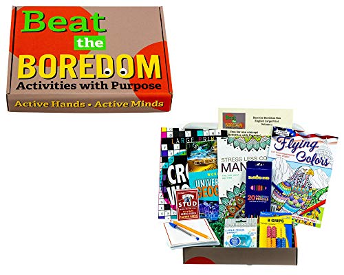 Beat the Boredom Box - Activities with Purpose - Senior Large Print Gift Basket Crossword Word Find & Coloring Books + Playing Cards & Note Cards
