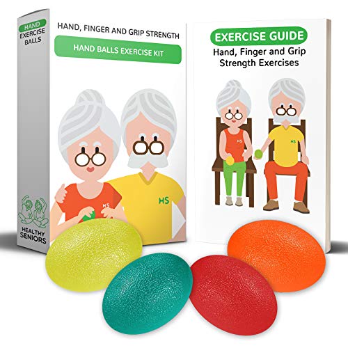 Healthy Seniors Squeeze Balls for Hand Therapy - Set of 4 Grip Strengthener Occupational Equipment for Finger, Wrist, Carpal Tunnel, or Rheumatoid Arthritis. Perfect as Stress Balls for Adults