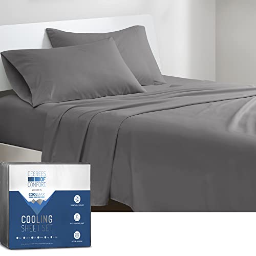 DEGREES OF COMFORT Coolmax Cooling Sheets | Queen Size Bed Sheet Set for Hot Sleepers | Soft Fabric with Deep Pocket, Grey-4PC