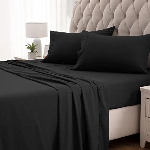 SLEEP ZONE Super Soft Cooling Queen Bed Sheets Set 4 Piece - Easy Care Fitted Flat Sheet & Pillowcase Sets - Wrinkle Free, Fade Resistant, Deep Pocket 16" (Black, Queen)