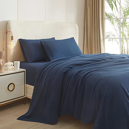 HighBuy Extra Soft Cooling Queen Bed Sheets Set Blue 4 Piece - Easy Care Fitted Flat Sheet & Pillowcase Sets - Wrinkle Free, Fade Resistant, Deep Pocket 16",Queen Sheets Set