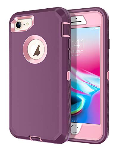 I-HONVA for iPhone 8 Case, iPhone 7 Case Built-in Screen Protector Shockproof Dust/Drop Proof 3-Layer Full Body Protection Heavy Duty Durable Cover Case for Apple iPhone 8/7 4.7-inch, Purple/Pink