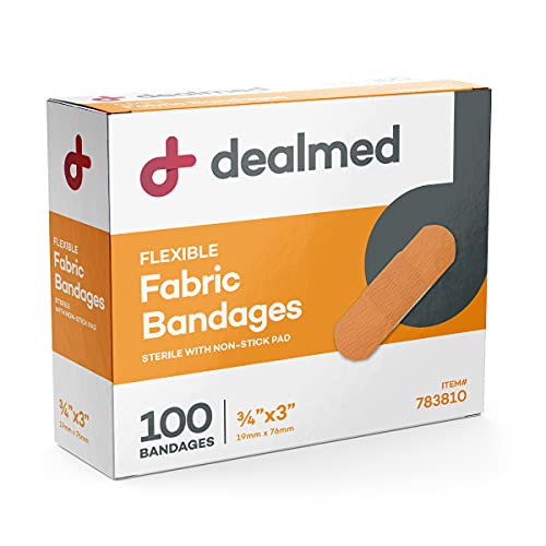 Dealmed Fabric Flexible Adhesive Bandages  100 Count (1 Pack) Bandages with Non-Stick Pad, Latex Free, Wound Care for First Aid Kit, 3" x 3/4"