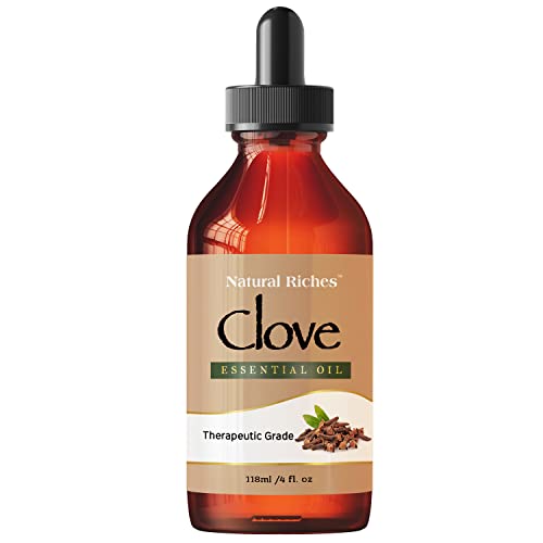 Natural Riches Pure Clove Essential Oil 4 Fl Oz, Therapeutic Grade for Tooth Ache Soothes Sore Muscles Clove Bud Oil Essential Oil for Teeth, Gums, Toothache, Skin Use and Hair Care.