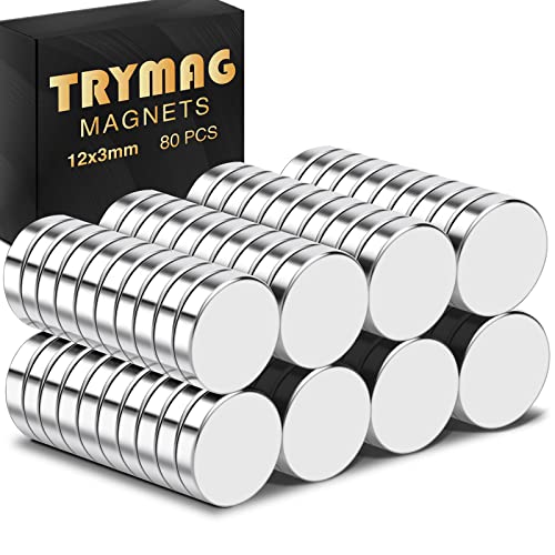 TRYMAG 80Pcs Neodymium Magnets Disc, 12 x 3mm Small Strong Round Rare Earth Fridge Magnets for Crafts Dry Erase Board, Refrigerator Magnets for Dry Erase Board Whiteboard DIY Scientific Models