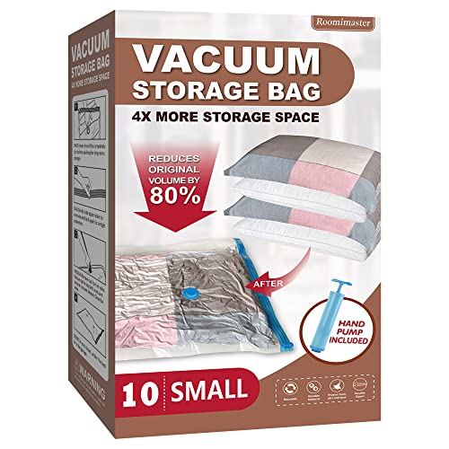 Vacuum Storage Bags, 10 Small Space Saver Bags Vacuum Seal Bags with Pump, Space Bags, Vacuum Sealer Bags for Clothes, Comforters, Blankets, Bedding