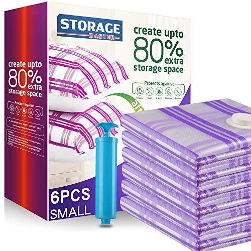 6 Small Vacuum Storage Bags, Space Saver Bags 80% More Space Work with Vacuum Cleaner + Travel Hand Pump (6-Small)