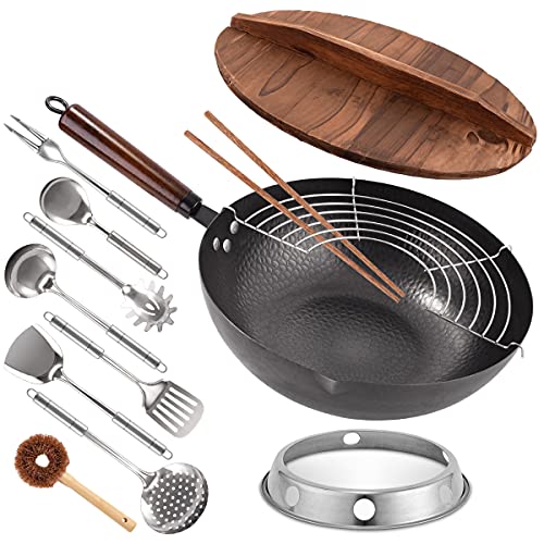 Excegucok Carbon Steel Wok, 13 Pcs Wok Pan with Wooden Lid & Handle Stir-Fry Pans 13" Chinese Wok Flat Bottom Wok with Cookware Accessories Suitabe for all Stoves (Black)