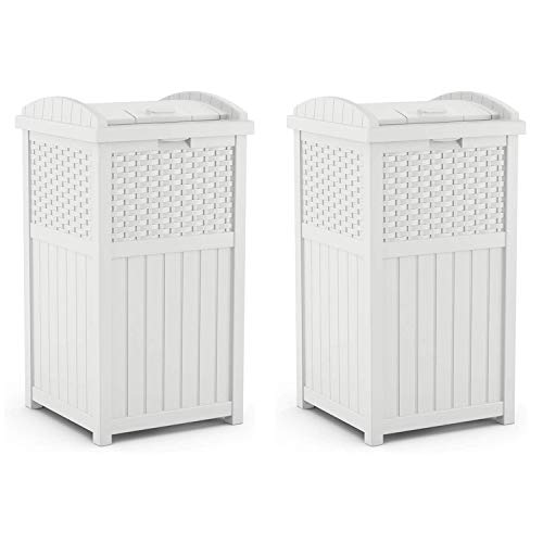 Suncast Wicker Resin Outdoor Hideaway Trash Can Bin with Latching Lid for Use in Backyard, Deck, or Patio, White (2 Pack)