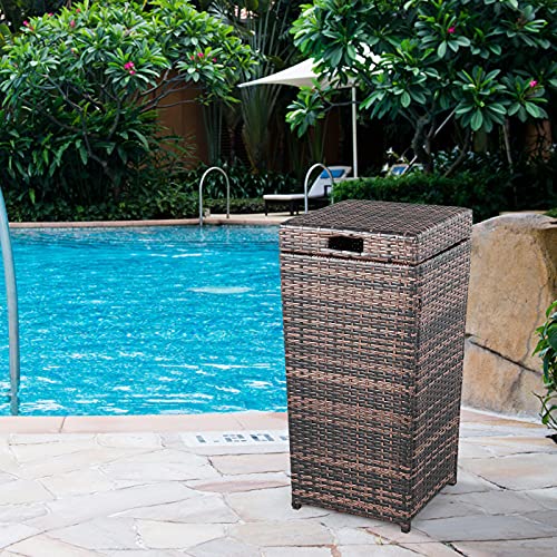 HomVent 26.7 Gallon Hideaway Can, Outdoor Wicker Patio Trash Can Rattan Patio Waste Basket with Lid, Brown Wicker Recycling Basket Patio Trash Can for Backyard, Deck, Poolside