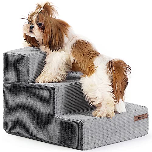 Lesure Dog Stairs for Small Dogs - Pet Stairs for Beds and Couch, Folding Pet Steps with CertiPUR-US Certified Foam for Cat and Doggy, Non-Slip Bottom Dog Steps, Grey, 3 Steps