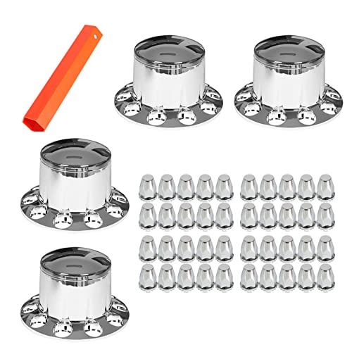 GENRICS Chrome Rear Hub Cover Wheel Axle Cover Center Caps Kit with 33mm Lug Nut Covers Replacement for 20 in & 22.5 in & 24.5 in Semi Truck Wheels