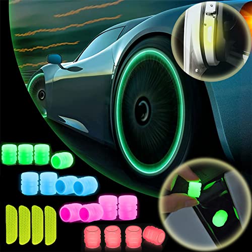 16 Pcs Fluorescent Car Tire Valve Caps, 2023 Universal Glow in The Dark Tire Caps with Reflective Stickers, Durable Luminous Tire Valve Stem Cap for Most Cars, SUVs, Trucks, Motorcycles and Bicycles