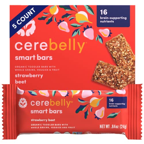 Cerebelly Toddler Snack Bars  Strawberry Beet Smart Bars (Pack of 5), Healthy & Organic Whole Grain Bars with Veggies & Fruit, 15 Brain-supporting Nutrients from Superfoods, Nut Free, No Added Sugar, Made with Gluten Free Ingredients