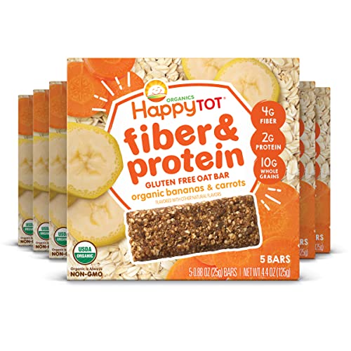 Happy Tot Organics Fiber & Protein Soft-Baked Oat Bars Organic Toddler Snack Banana & Carrot, 0.88 Ounce Bars, 5 Count Box (Pack of 6)