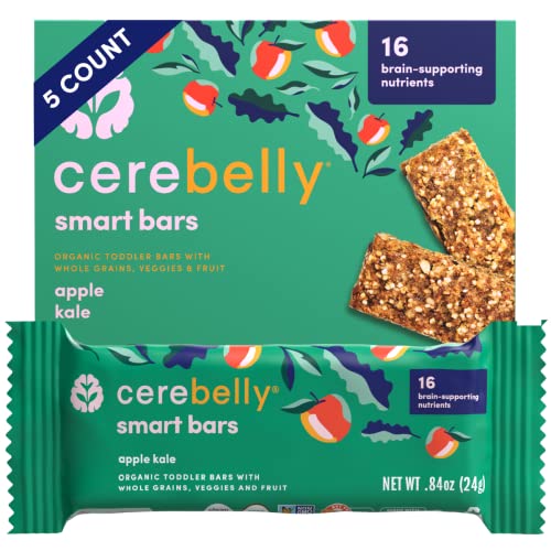 Cerebelly Toddler Snack Bars  Apple Kale Smart Bars (Pack of 5), Healthy & Organic Whole Grain Bars with Veggies & Fruit, 15 Brain-supporting Nutrients from Superfoods, Nut Free, No Added Sugar, Made with Gluten Free Ingredients