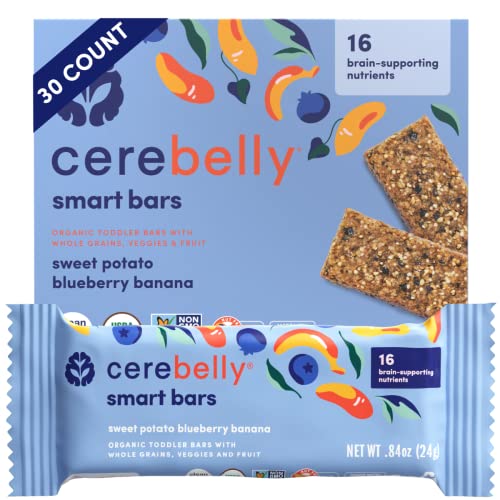 Cerebelly Toddler Snack Bars  Organic Sweet Potato Blueberry Banana Smart Bars (Pack of 30), Healthy Snack Bars for Kids - 16 Brain-supporting Nutrients from Superfoods - Made with Gluten Free Ingredients, Nut Free, No Added Sugar, Organic Whole Grain Nutrition Bars with Veggies & Fruit